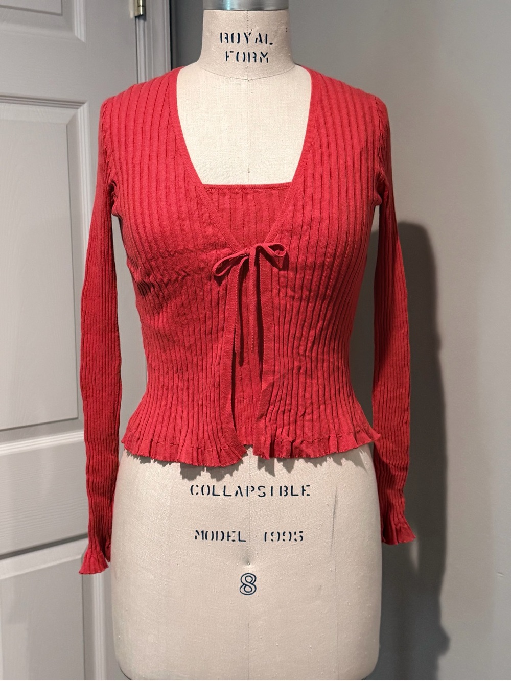 French Connection Ribbed Tie-Front Long Sleeve Top - Coral Red
